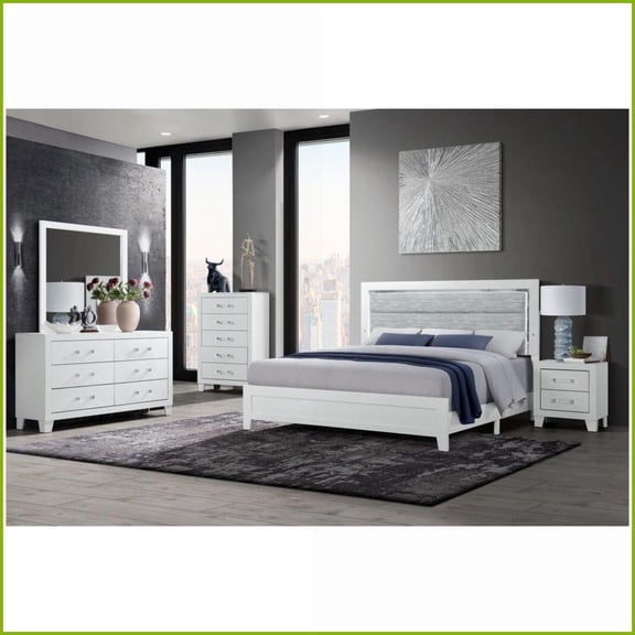 Bedroom Furniture Set 5-Piece Queen White with LED Lights & Upholstered Headboard | White | Double Dressers