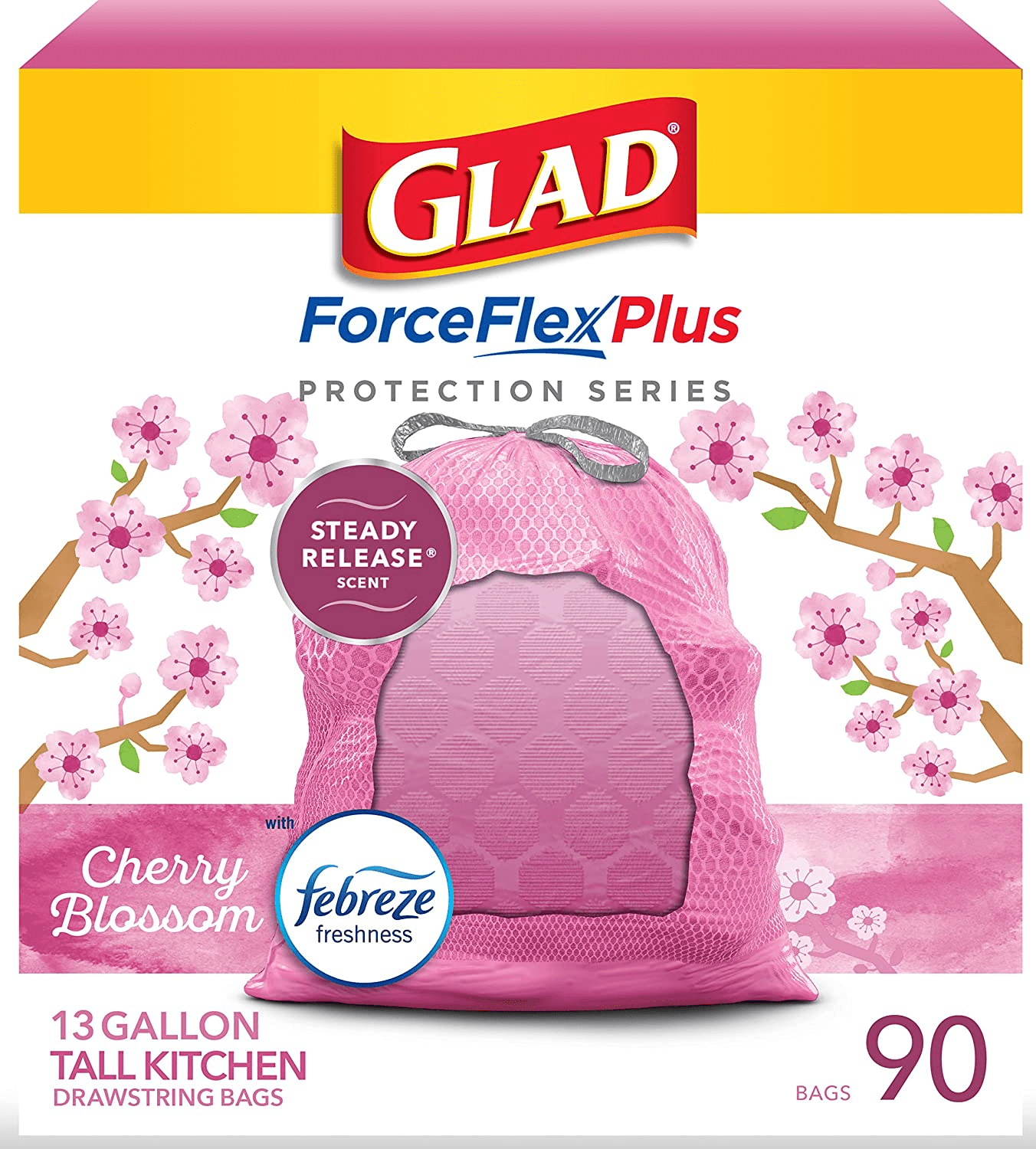 Glad ForceFlex MaxStrength 13 Gal. Cherry Blossom Scent Pink Kitchen  Drawstring (Pack of 10), 10 packs - Foods Co.