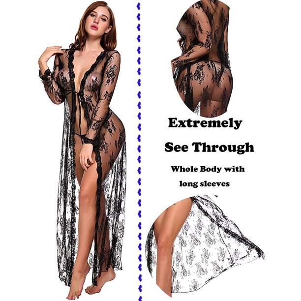Women's Sexy Lace Sheer Gown Teddy Babydoll Lingerie Set Kimono Robe Sleepwear