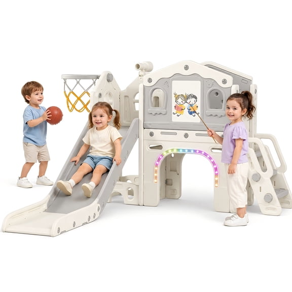 DKMOCO 9 in 1 Toddler Slide Set, Baby Slide for Kids 1-3 with LED Lights, Drawing Board and Building Blocks Board, Indoor Outdoor Playset Playground, White Gray