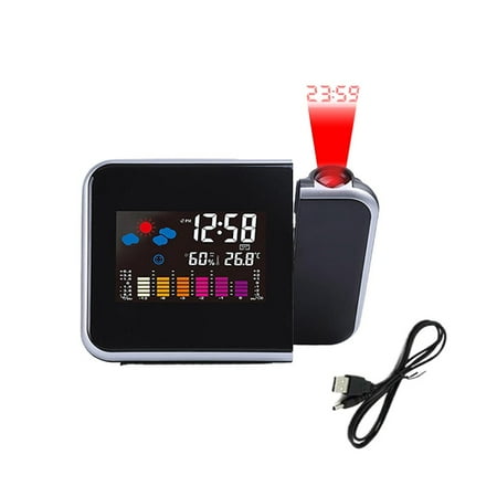 Projection Alarm Clock with Weather & Temperature Display, LED Digital Clock with Time Projector, USB/Battery Powered for Bedroom Bedside Desk(Black)