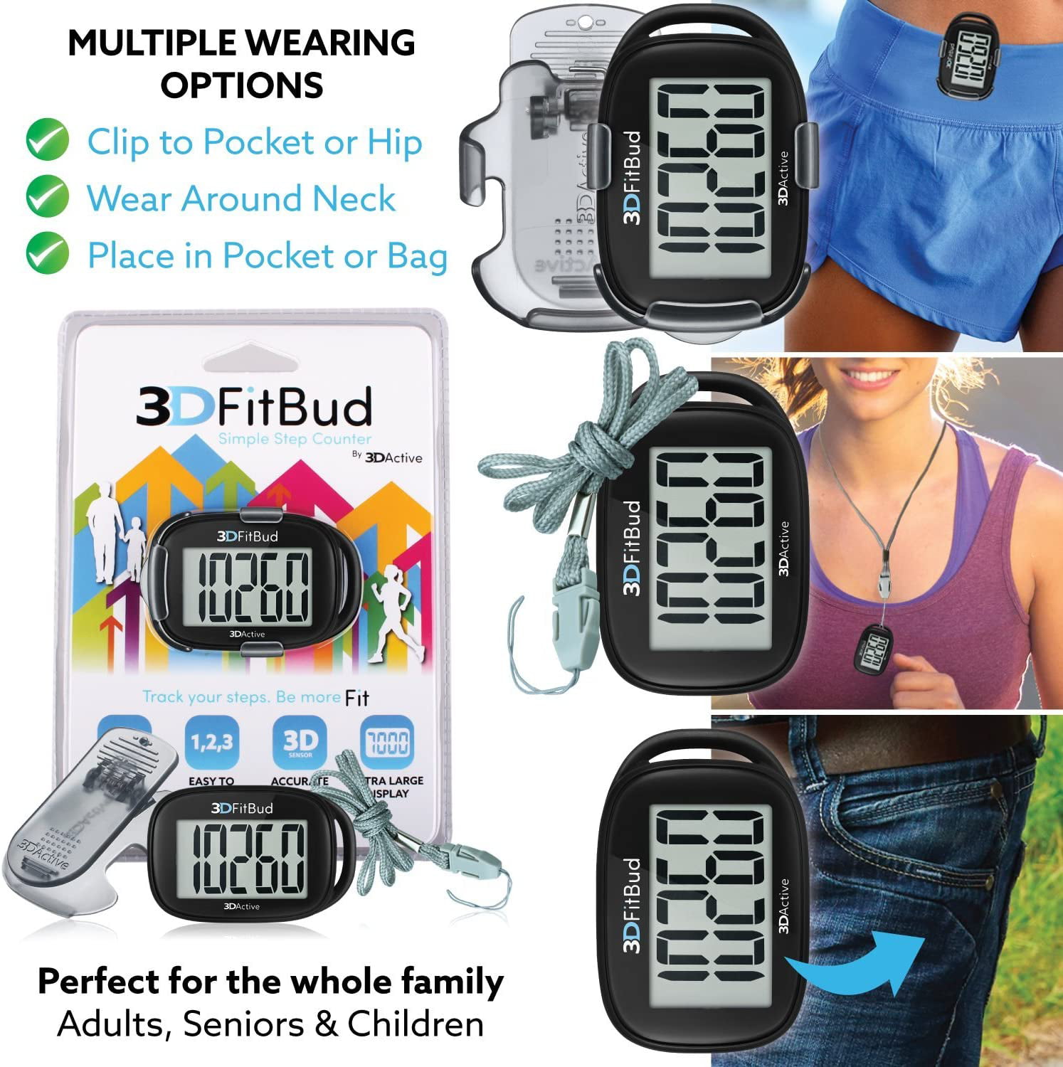 A420S 3DFitBud Simple Step Counter Walking 3D Pedometer with Lanyard Black 