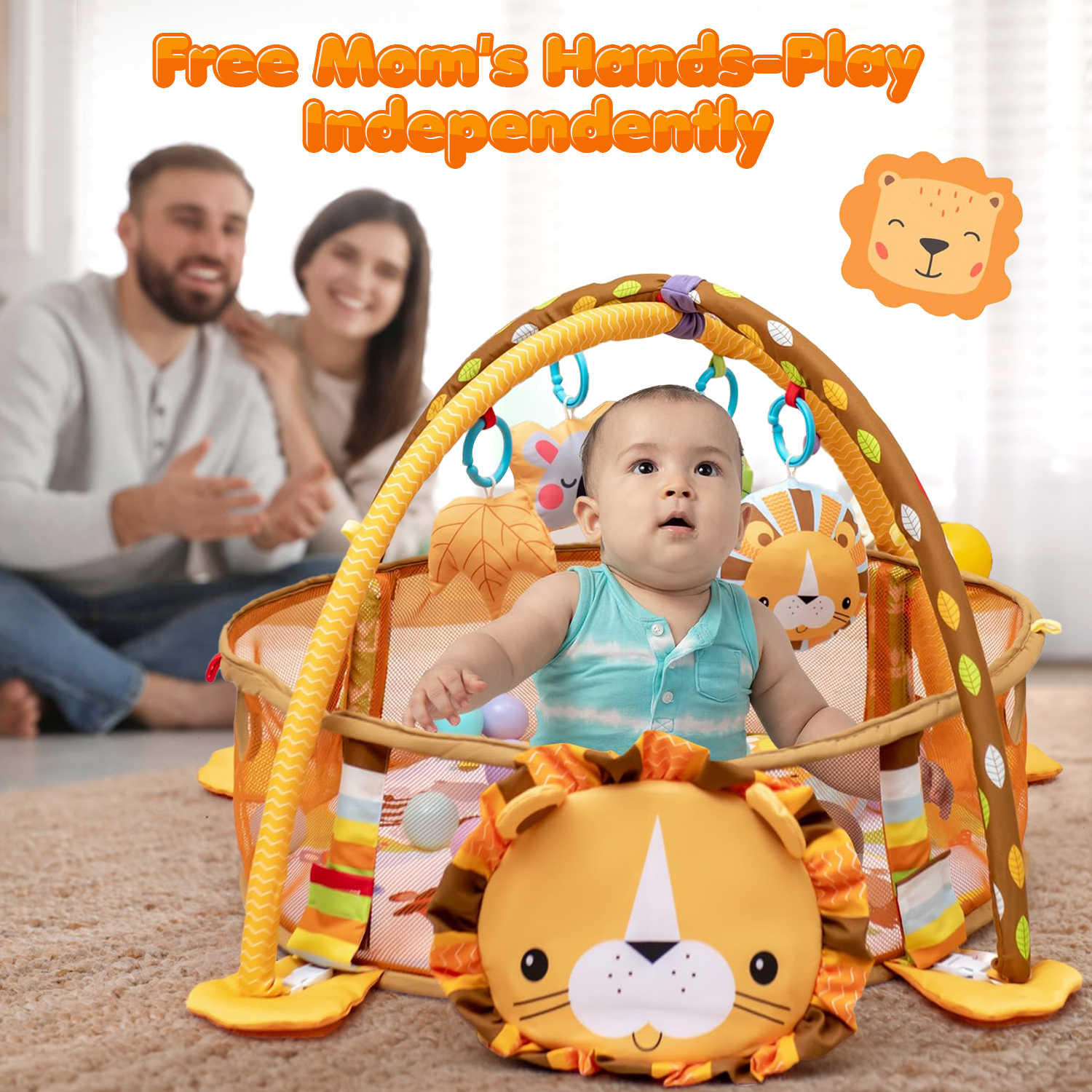 UQN 3-in-1 Baby Play Gym, Baby Play Activity Mat with Ocean Ball Sensory Toys, Gift for Newborn Infant Toddlers 0-36 Months, Yellow Lion