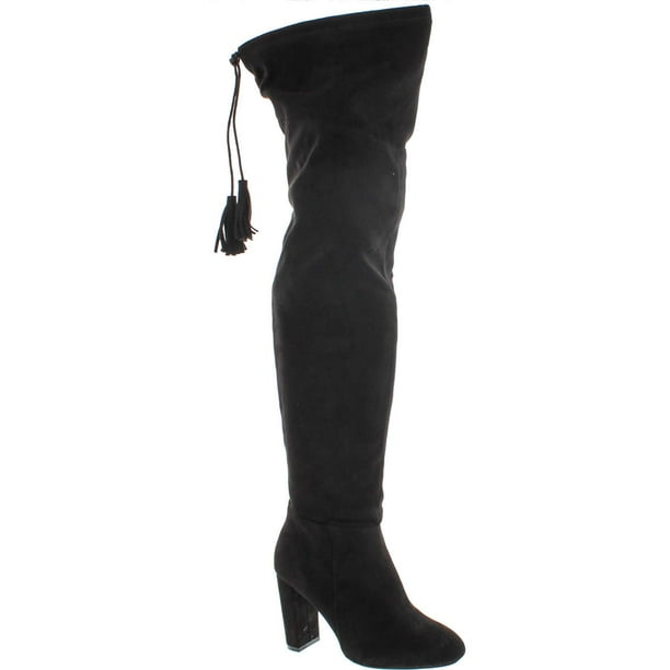 black faux leather over the knee block heel boots
