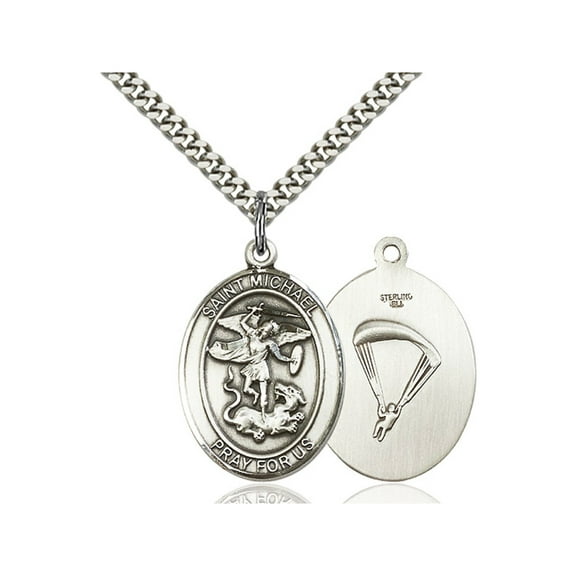 Sterling Silver St. Michael / Paratrooper Pendant 1 x 3/4 inches with Heavy Curb Chain