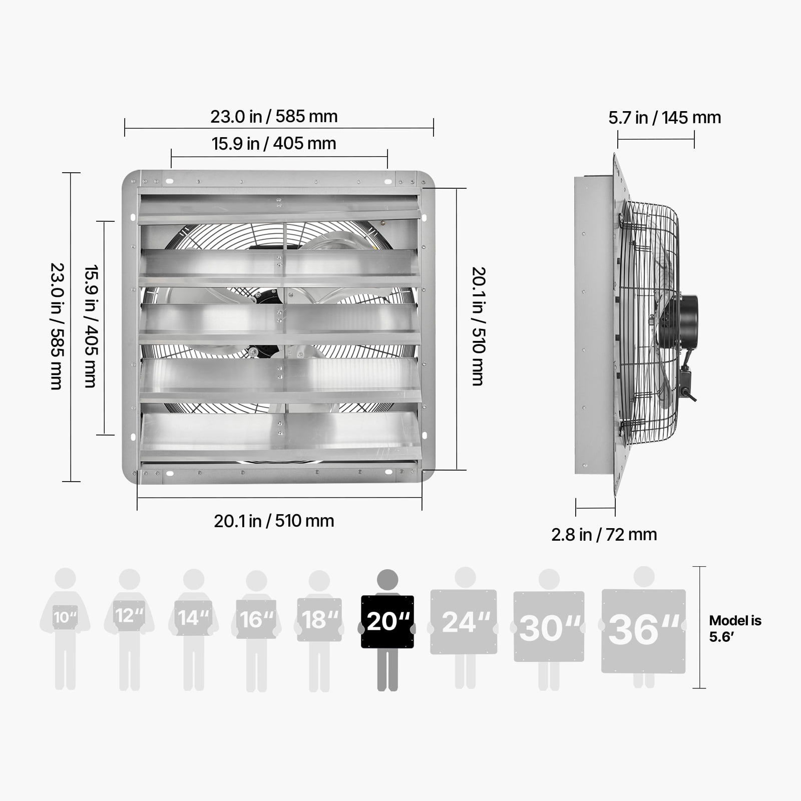 VEVOR 20 inch Shutter Exhaust Fan, Wall Mounted Attic Vent Fan with 3000 CFM Airflow, AC Motor, Heavy-duty Steel Construction, Low Noise for Shed, Garage, Greenhouse Ventilation Cooling, Silver