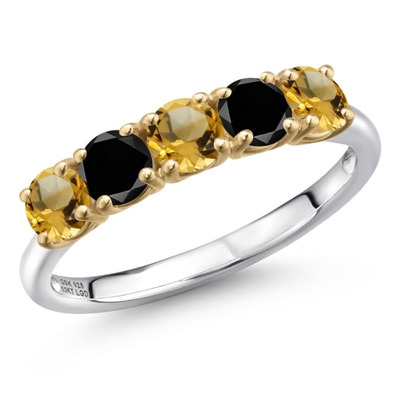 Gem Stone King 925 Silver and 10K Yellow Gold Yellow Citrine and Black Diamond Wedding-Bands Ring for Women | 1.31 Cttw | Round 4MM | Gemstone November Birthstone | Size 6