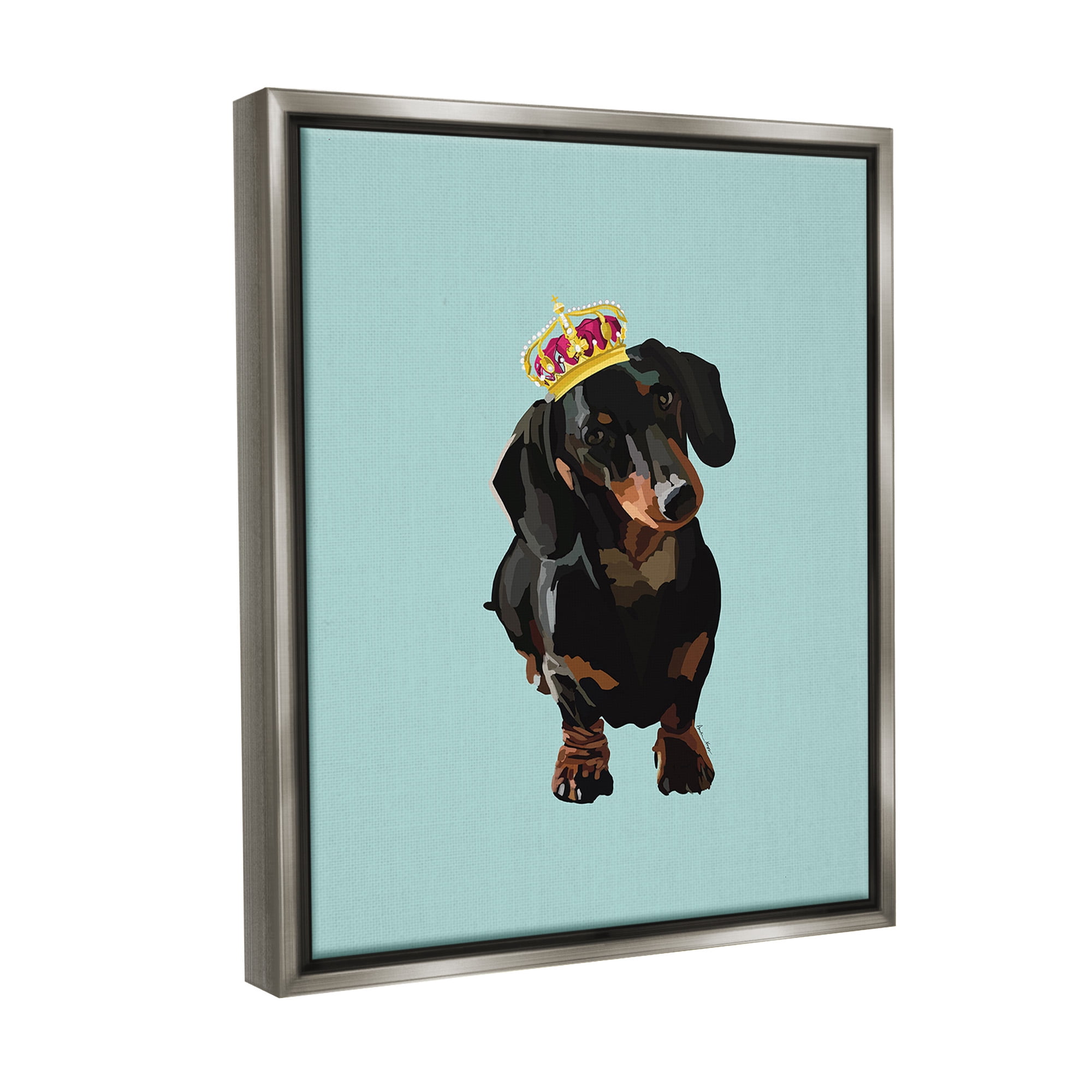 Stupell Industries Dachshund with Royal Crown Animals & Insects Painting Gray Floater Framed Canvas Art Print Wall Art, 17 x 21
