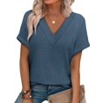 thumbnail image 3 of Womens Short Sleeve Sweater Waffle Knit Tops V Neck Spring Summer T Shirts Casual Blouses Outfits Blue L, 3 of 8