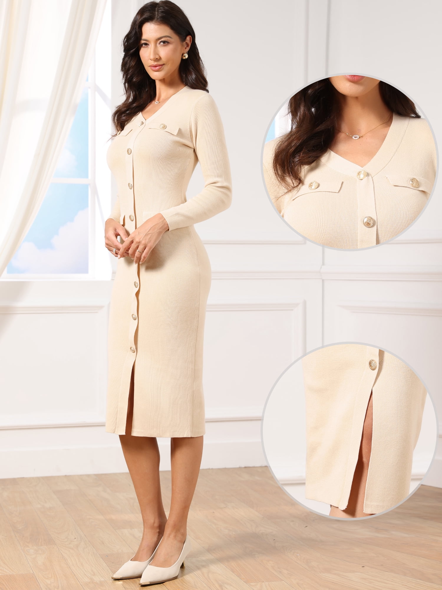 DARING DIVA Women's Bodycon Sweater Button Decor Knit Midi Dress XS Apricot