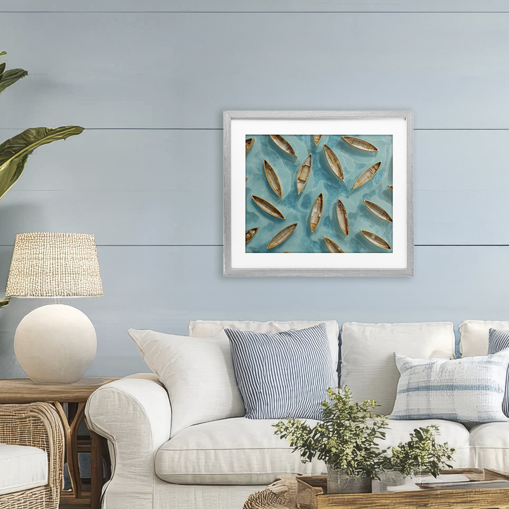 Harmonious Canoes on Water Gray Framed Print Under Glass, design by Franklyn Gregory