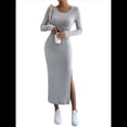 thumbnail image 2 of Vestidos Largos de Otoño para Mujer, de Larga, Informales, de Punto Acanalado, Ajustados, Elegantes, con Cuello Redondo y Abertura Lateral Gris XS, 2 of 10