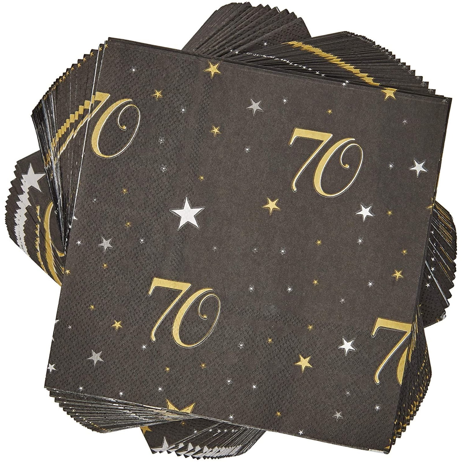 100 Pack 70th Birthday Party Paper Cocktail Napkins for Anniversary Disposable Supplies, Black & Gold, 6.5 in