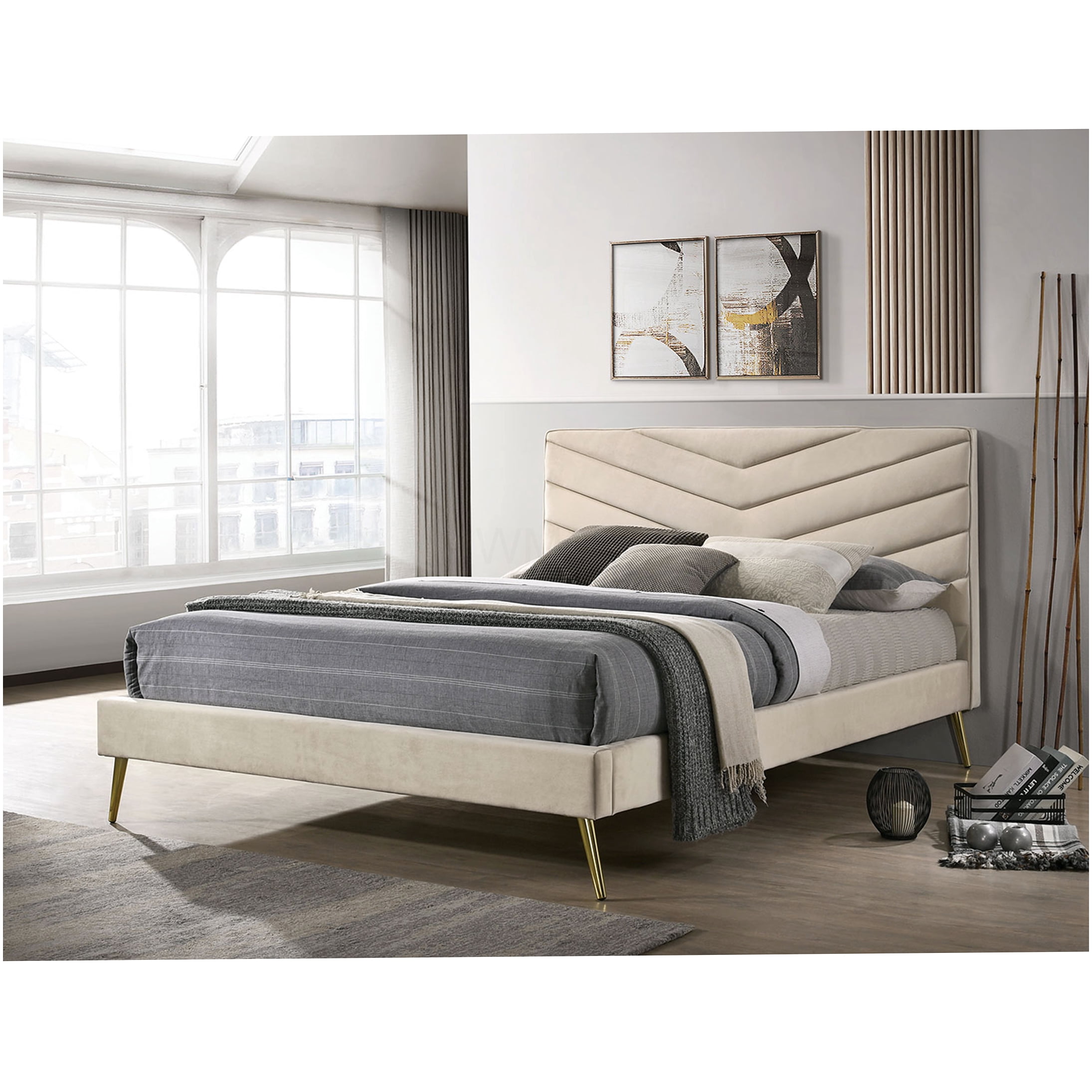 Mid-Century Modern Queen Bed Frame with Tufted Chevron Headboard, Upholstered in Beige with Gold Metal Legs