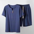 thumbnail image 2 of VBTAPA Mens Summer Beach Outfits 2 Piece Short Sleeve Button T Shirt and Drawstring Waist Shorts Set Big and Tall Matching Lounge Set with Pockets Lightning Sales of Today Dark Blue XXXXL, 2 of 8