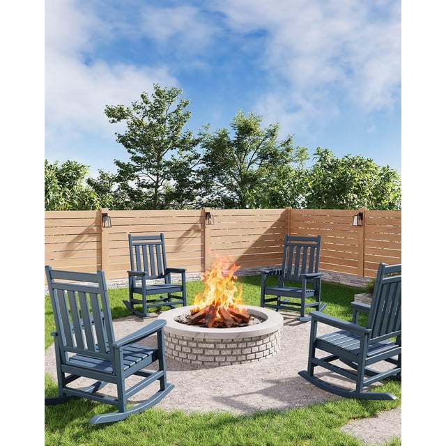 IdealHouse HDPE Rocking Chair Outdoor Set of 4 - Poly High Back Porch Rocker Chairs for Adults - All Weather Resistant Furniture for Patio Front Porch - Navy Blue