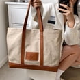thumbnail image 5 of Bolso grande de lona para mujer, bolso de hombro informal con cremallera y bolsillo para viajes, playa, trabajo, compras, 5 of 5