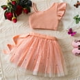 thumbnail image 4 of Odeerbi 3-8 Years Kids Girls Summer Outfits Rib Knit One Shoulder Cropped Tops with Sparkly Tulle Skirt Two-piece Set Ruffled Lace Bow Princess Skirt Kids Girls Clothes, 4 of 5