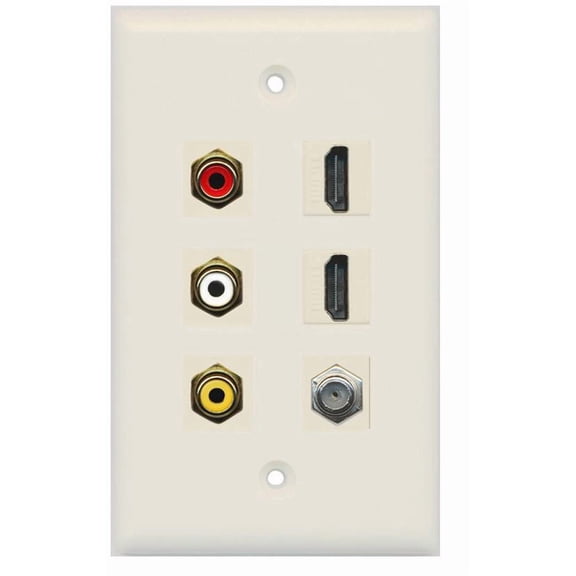 RiteAV - 3 x RCA - 2 X HDMI and 1 x Coax Cable TV Port Wall Plate - Light Almond