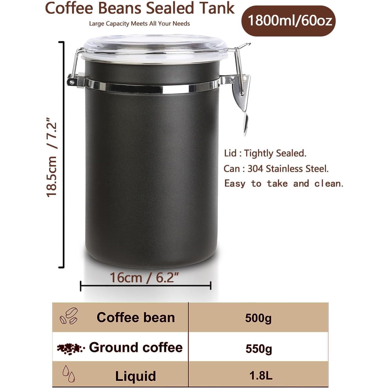 4 Pack Stainless Steel Food Container with Clear Lids Airtight Container Stackable Canisters Kitchen Pantry Storage for Cereal, Snacks, Candy, Herbs, Spices, Sugar, Tea (1.8L Black)