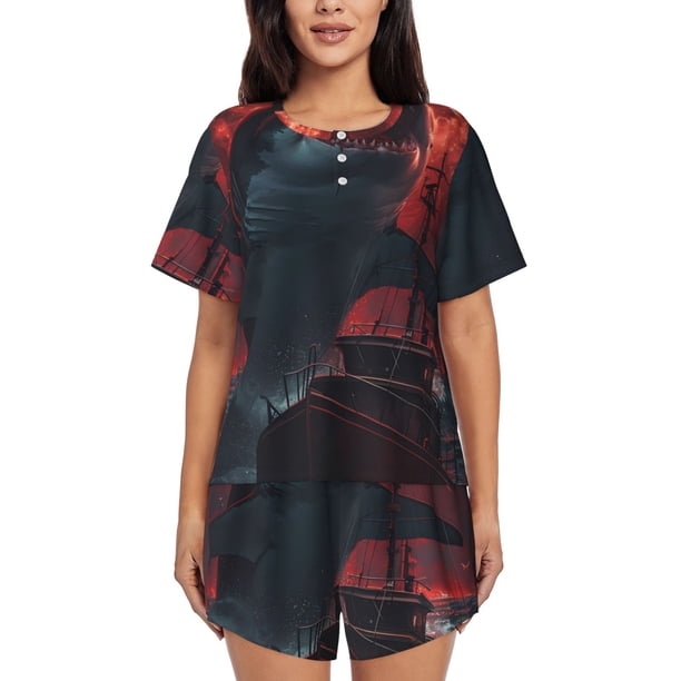 Balery Red Moon Shark Sailboat Conjunto de Pijama para Mujer con Estampado, Dos Piezas de Manga Corta y Shorts, Ropa de Dormir Suave con Cuello Redondo y Bolsillos-XX-Large