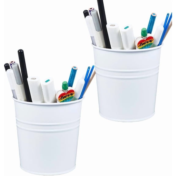 White Metal Pen Holder Makeup Brush Holder Desktop Pencil Cup Makeup Brush Organizer Stationary Supplies Container Colorful Small Pails for Office Classroom School Crafts