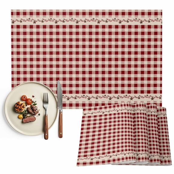 Placemats Set of 4, Barn Star Berry Place Mats Red Buffalo Plaid Tablemats Washable Placemat Table Decoration for Kitchen Table Dinner Party Home Decor Indoor Outdoor 13x19 Inch