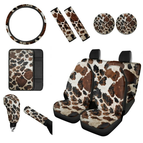 Renewold Brown Beige Cow Print 12 Pieces Car Seat Cover with Steering Wheel Cover, Seat Belt Strap Wrap Cover Armrest Pad Handbrake Cover Gear Shift Cover Truck Vans Sedans Cup Holder Coasters