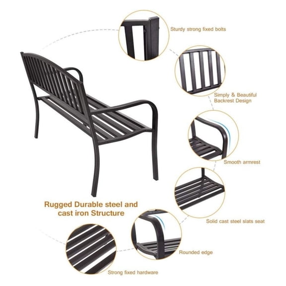 50 Inch Outdoor Patio Bench, Metal Garden Loveseat for Porch, Yard, Black