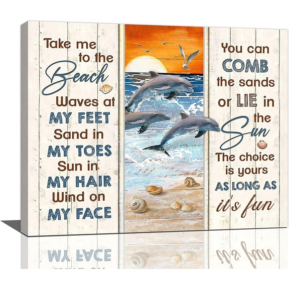 Beach Dolphins Bathroom Decor Wall Art Coastal Dolphin Sunrise Pictures Wall Decor Canvas Print Nautical Ocean Decor Artwork Painting For Living Room Bedroom Unframed