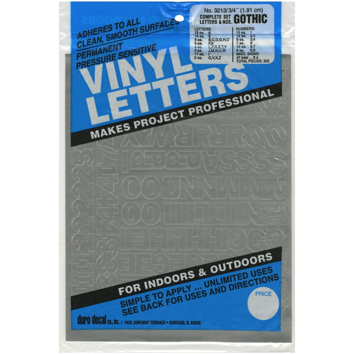 Permanent Adhesive Vinyl Letters & Numbers .75" 302pk, Silver