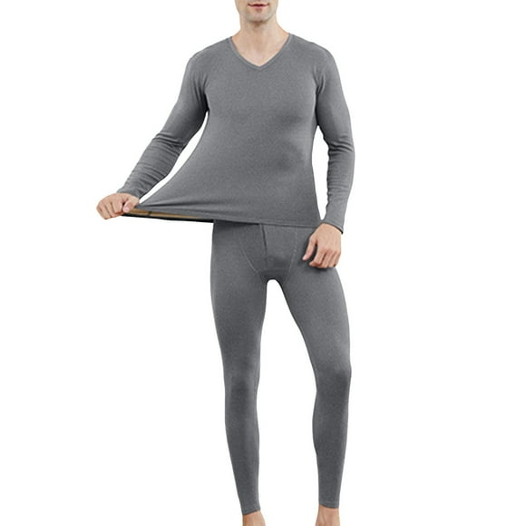 HBFAGFB Mens Thermals Top and Bottom Set V Neck Underwear Bottoming Shirt Softness Pants Grey Size XL