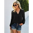 thumbnail image 3 of Womens Chiffon Blouse V Neck Pom Pom Tops Long Sleeve Swiss Dot Shirts, Black, X-Large, 3 of 5