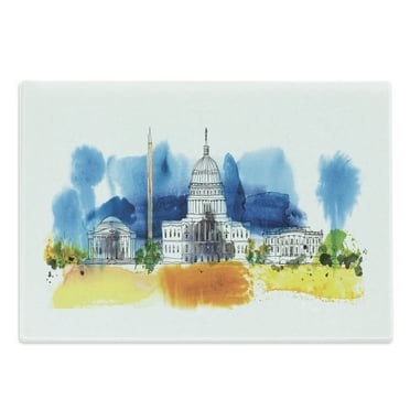 Obelisk Cutting Board, Design Painting of Washington DC White House Print, Decorative Tempered Glass Cutting and Serving Board, in 3 Sizes, by Ambesonne