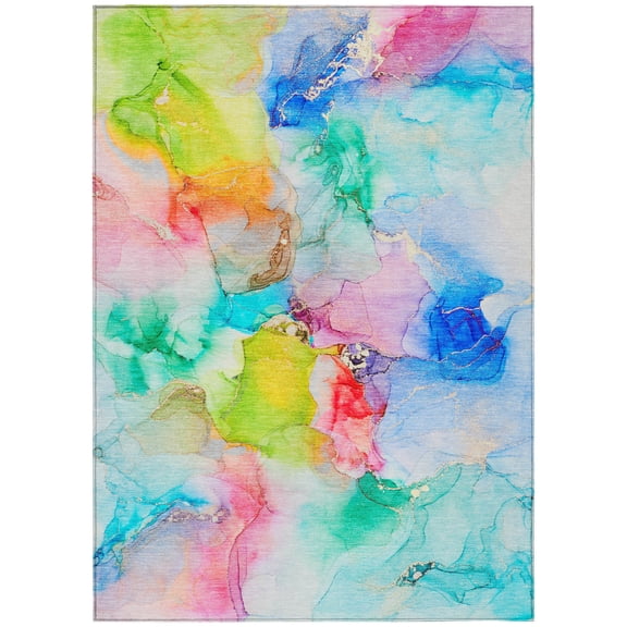 9' X 12' Blue Pink and Green Abstract Washable Indoor Outdoor Area Rug