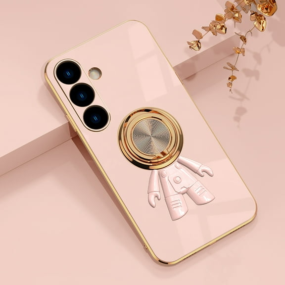 Compatible with Samsung Galaxy S25 Cute Case with 3D Astronaut 360 Ring Holder Hidden Kickstand Plating Camera Protection Cover Soft Silicone Bumper Phone Case for Women Men,Lightpink