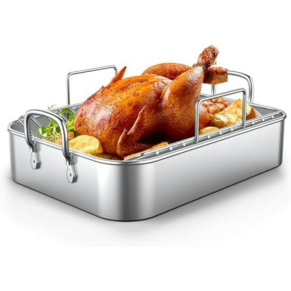 Roasting Pan,17*13'' Stainless Steel Turkey Roaster with Rack - Deep Broiling Pan & V-shaped Rack & Flat Rack,Non-toxic & Heavy Duty,Great for Thanksgiving Christmas Roast Chicken Meat Lasagna