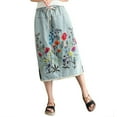 thumbnail image 3 of YM YOUMU Women Floral Embroidery Denim Skirt Drawstring Elastic Waist Side Slit Jean A Line Midi Skirt, 3 of 5