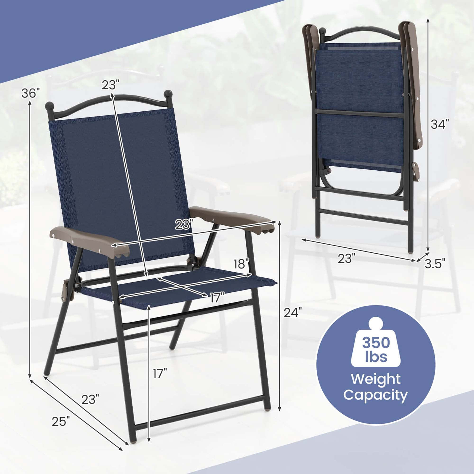 Costway Patio Folding Chairs Set of 2 with Armrests Outdoor Portable Camping Chairs Navy