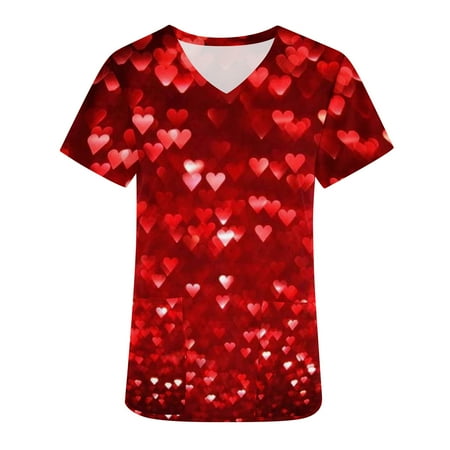 

Moocorvic Women s Scrub Tops Cartoon Valentine s Day Love Heart Printed V-Neck Cute T Shirts Workwear Nurse Uniform Tee with Pockets