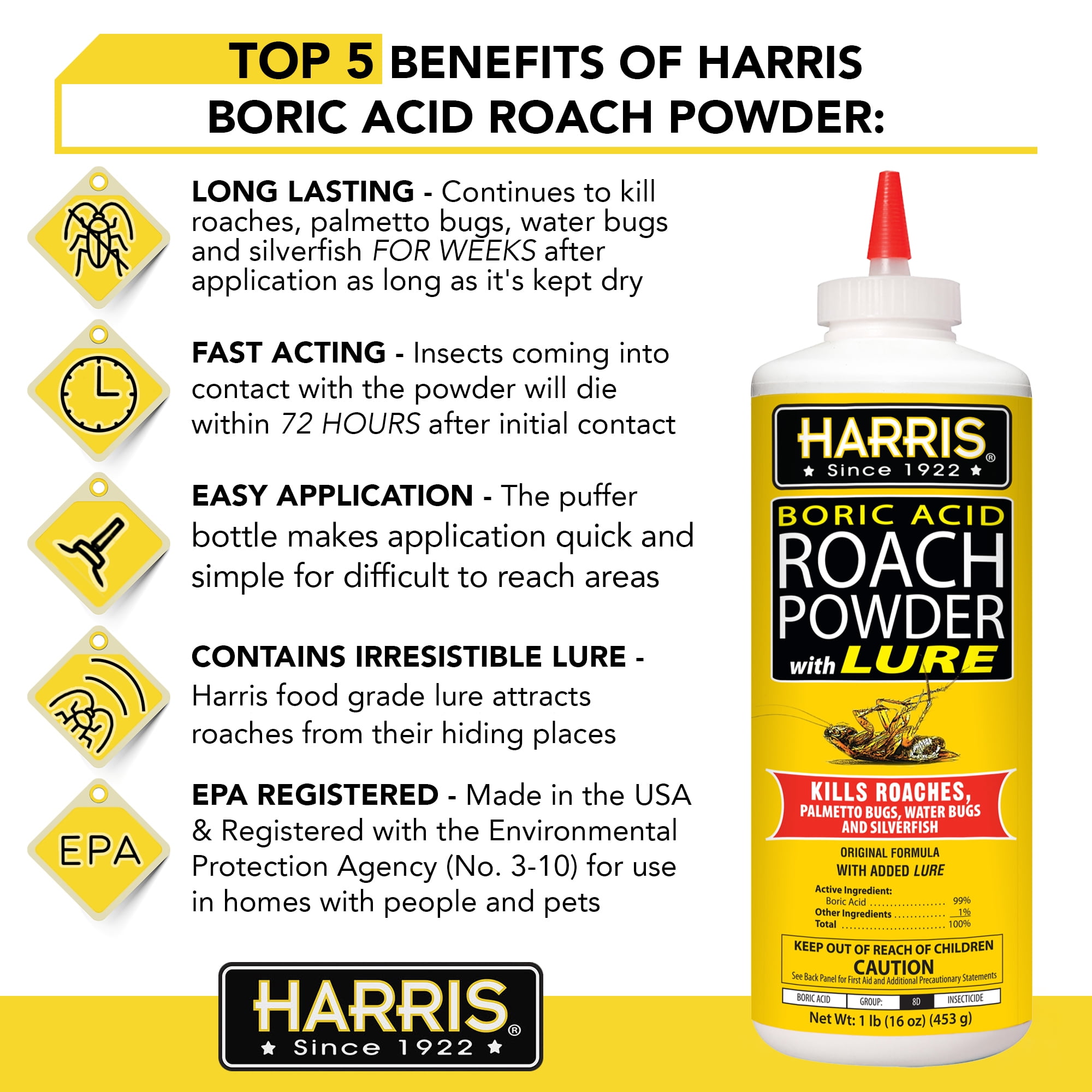 Harris Boric Acid Roach Killer Powder with Lure, Indoor Use, 16oz