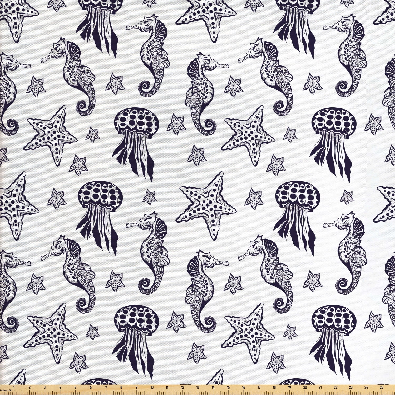 Seahorse Fabric by The Yard, Engraving Style Tropical Underwater