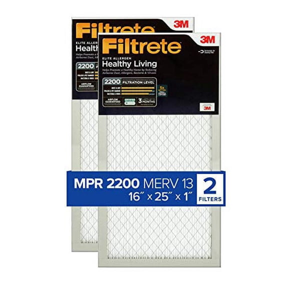 Filtrete 16x25x1, AC Furnace Air Filter, MPR 2200, Healthy Living Elite Allergen, 2-Pack (exact dimensions 15.69 x 24.69 x 0.78)
