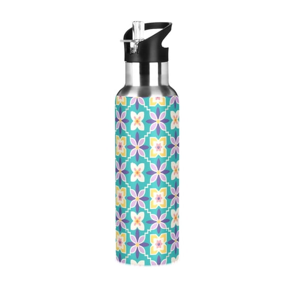 Yayeee 20oz Insulated Water Bottle Double Wall Stainless Steel with Flip Straw Lid, Green Mosaic Pattern
