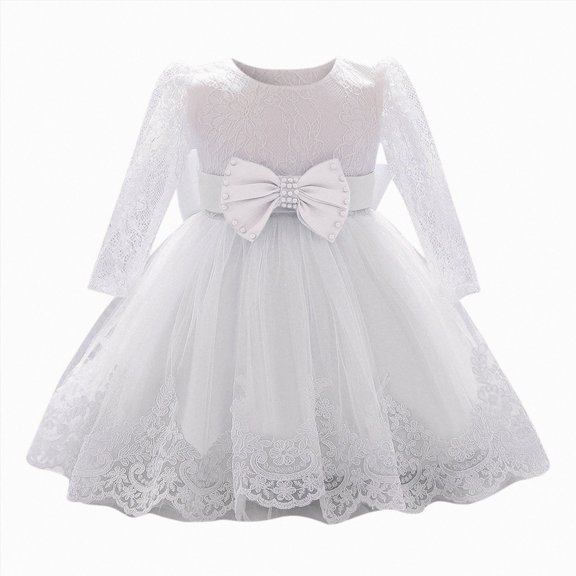 Splozh Baby Girl Tutu Dress 6 12 18 24 Months Infant Baby Girls Ruffle Sleeve Lace Bowknot Flower Dresses Pageant Party Wedding Princess Dress,White,18-24 Months