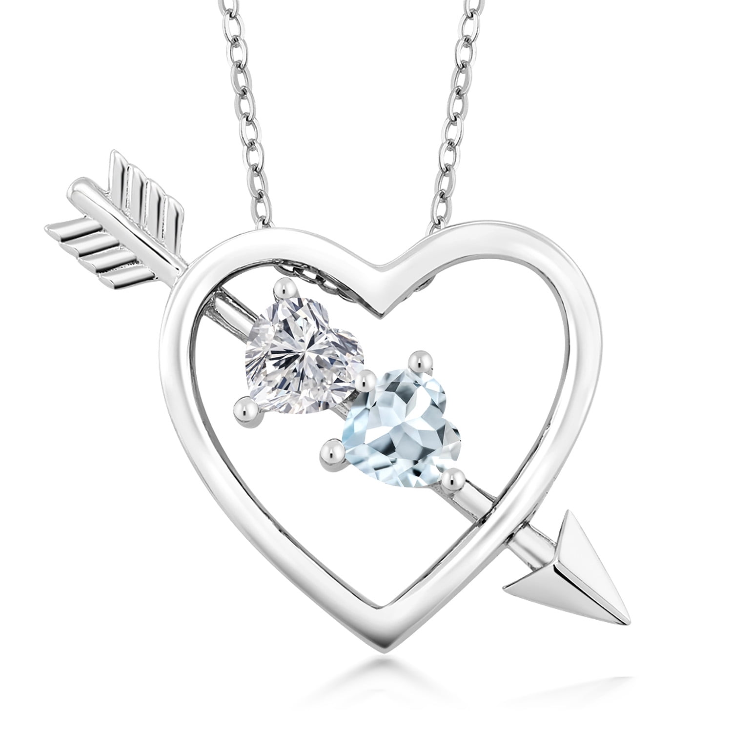 Gem Stone King 925 Sterling Silver Lab Grown Diamond and Sky Blue Aquamarine Pendant Necklace for Women | 0.86 Cttw | Gemstone April Birthstone | Heart Shape 5MM | With 18 inch Chain