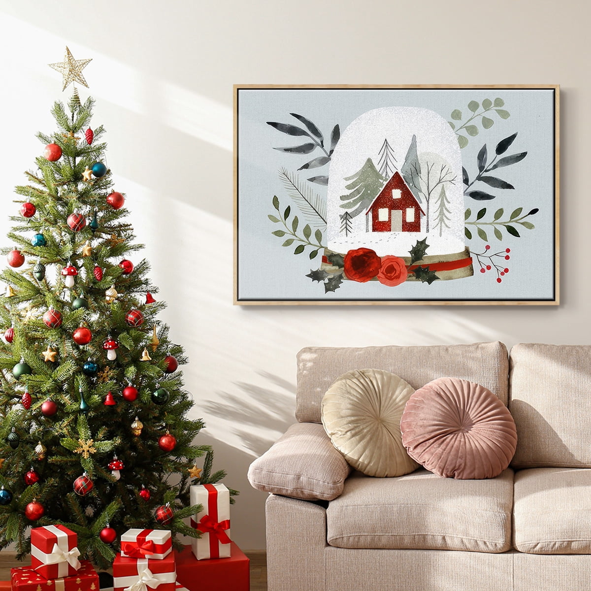 Snow Globe Village Collection A - Framed Gallery Wrapped Holiday Canvas - 25 x 37 - Natural Wood Frame