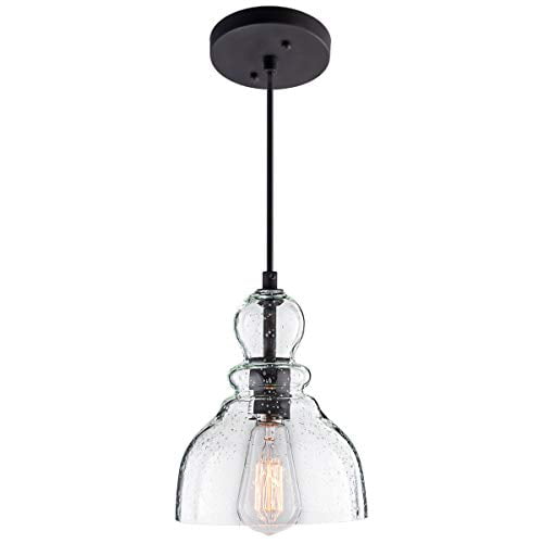 Lanros Industrial Mini Pendant Lighting With Handblown Clear Seeded Glass Shade Adjustable Cord Farmhouse Lamp Ceiling Light Fixture For Kitchen Island Restaurant Sink Black 1 Pack Com - Ceiling Fan Light Covers Seeded Glass
