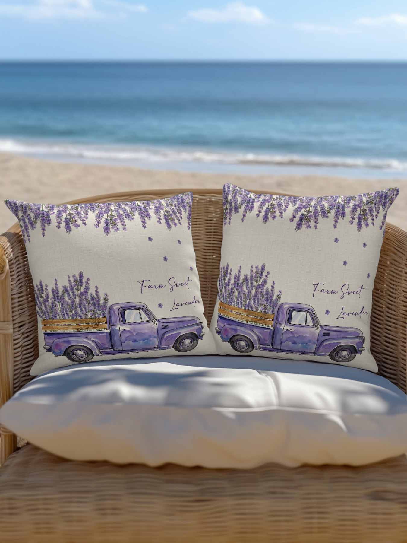 Outdoor Throw Pillow Set of 2, Purple Lavender Waterproof Pillow with Insert Included, Spring Floral Flowers Truck Farmhouse Beige Decorative Accent Cushion Sofa Pillows for Patio Porch, 16 x 16 In