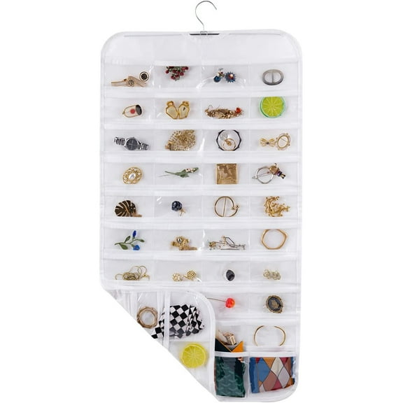 Hanging Jewelry Organizer, Double Sided 80 Pocket Jewelry Hanging Storage Bag, White